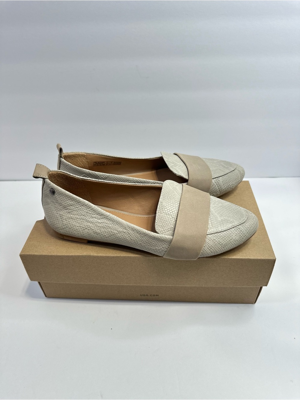 UGG Cream Textured Leather Loafers with Beige Strap